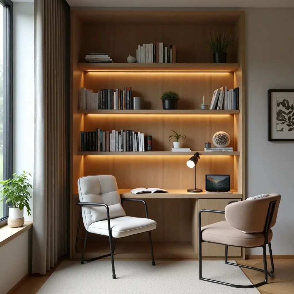 a photo of a reading nook featuring a small desk, chair, and bookshelves