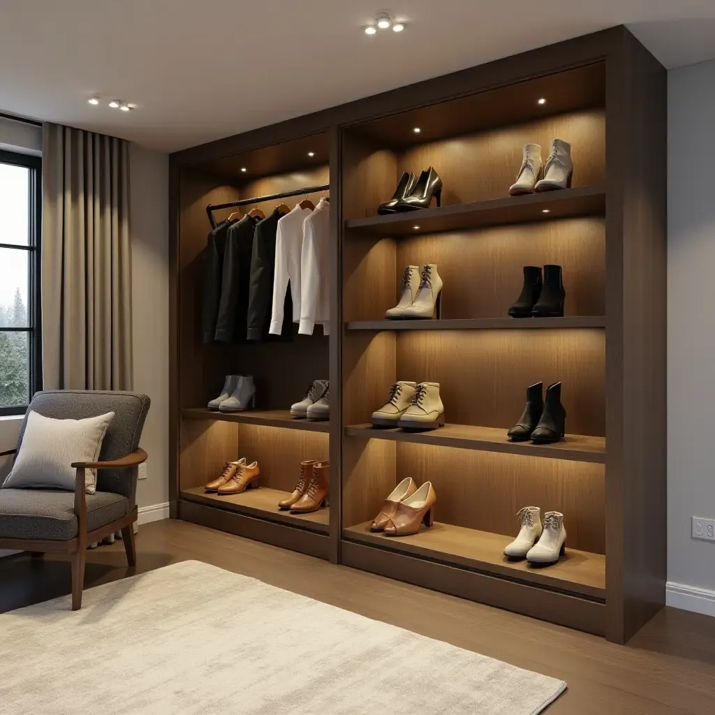 a photo of a basement with a stylish shoe storage solution