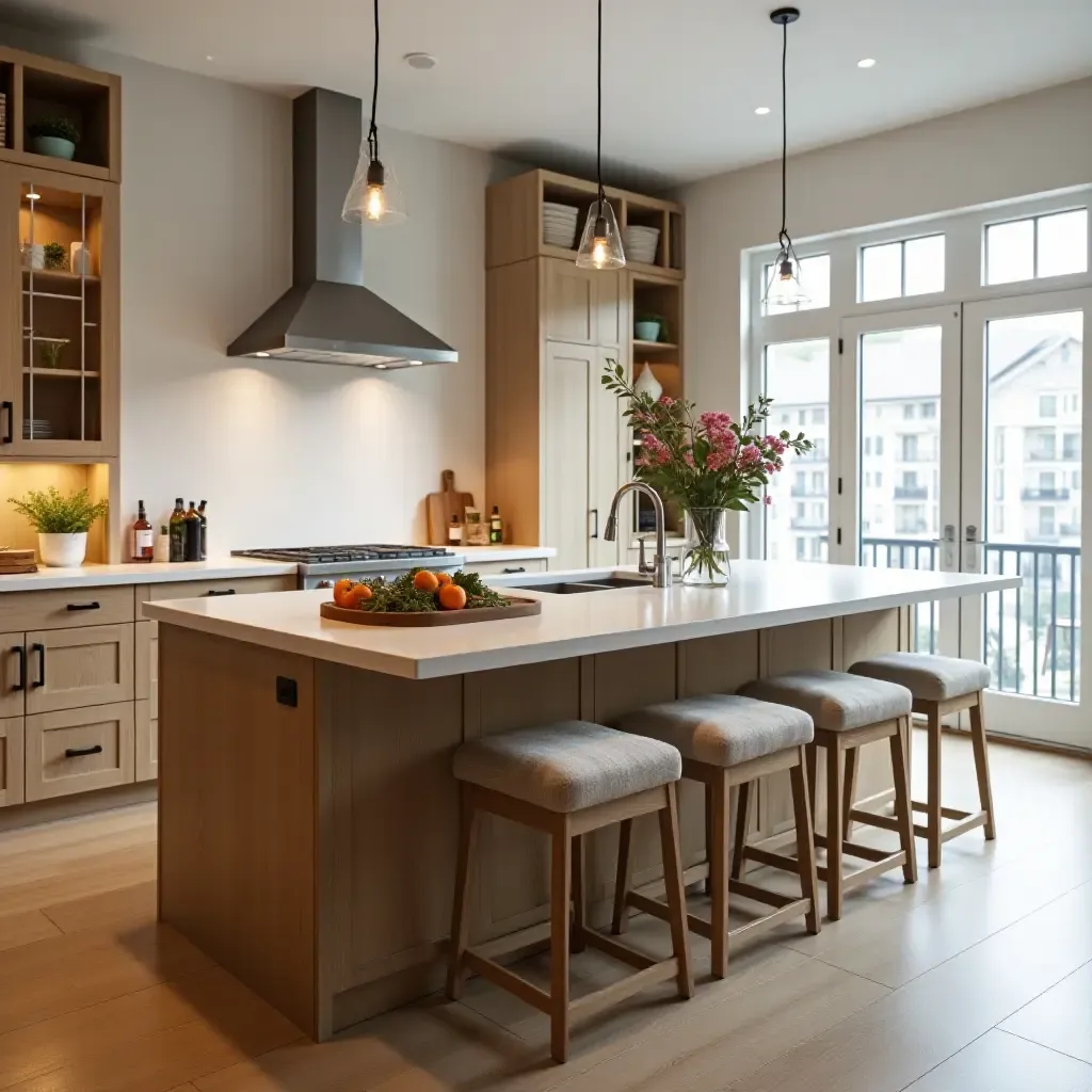 a photo of a multifunctional kitchen island with a pull-out table and seating