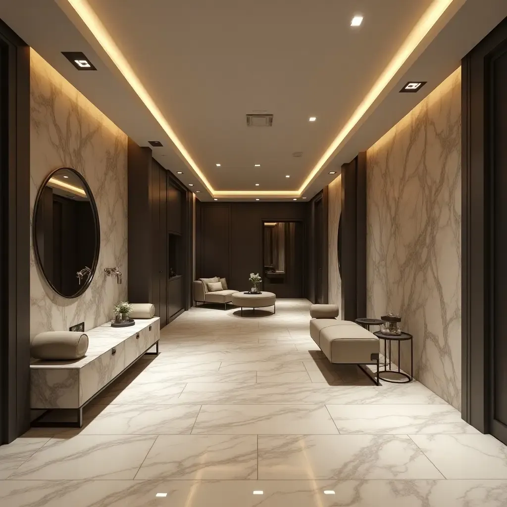 a photo of a stylish basement gym with marble accents