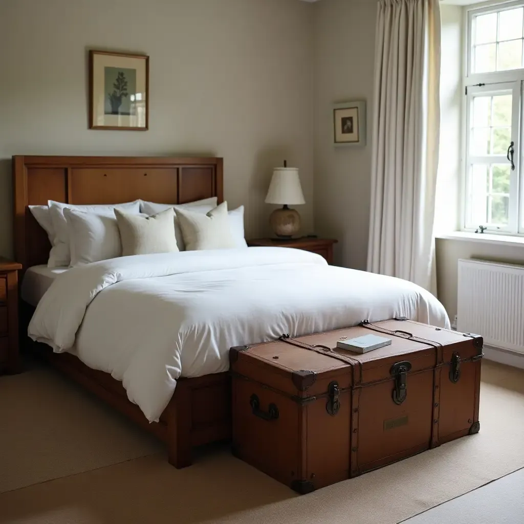 a photo of a bedroom with a vintage trunk at the foot of the bed