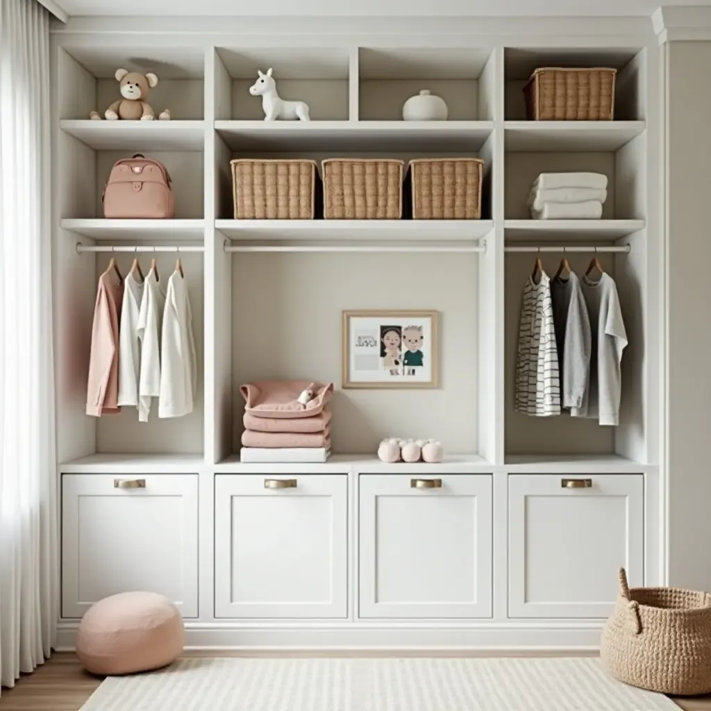 a photo of a nursery displaying a wall of cubby storage