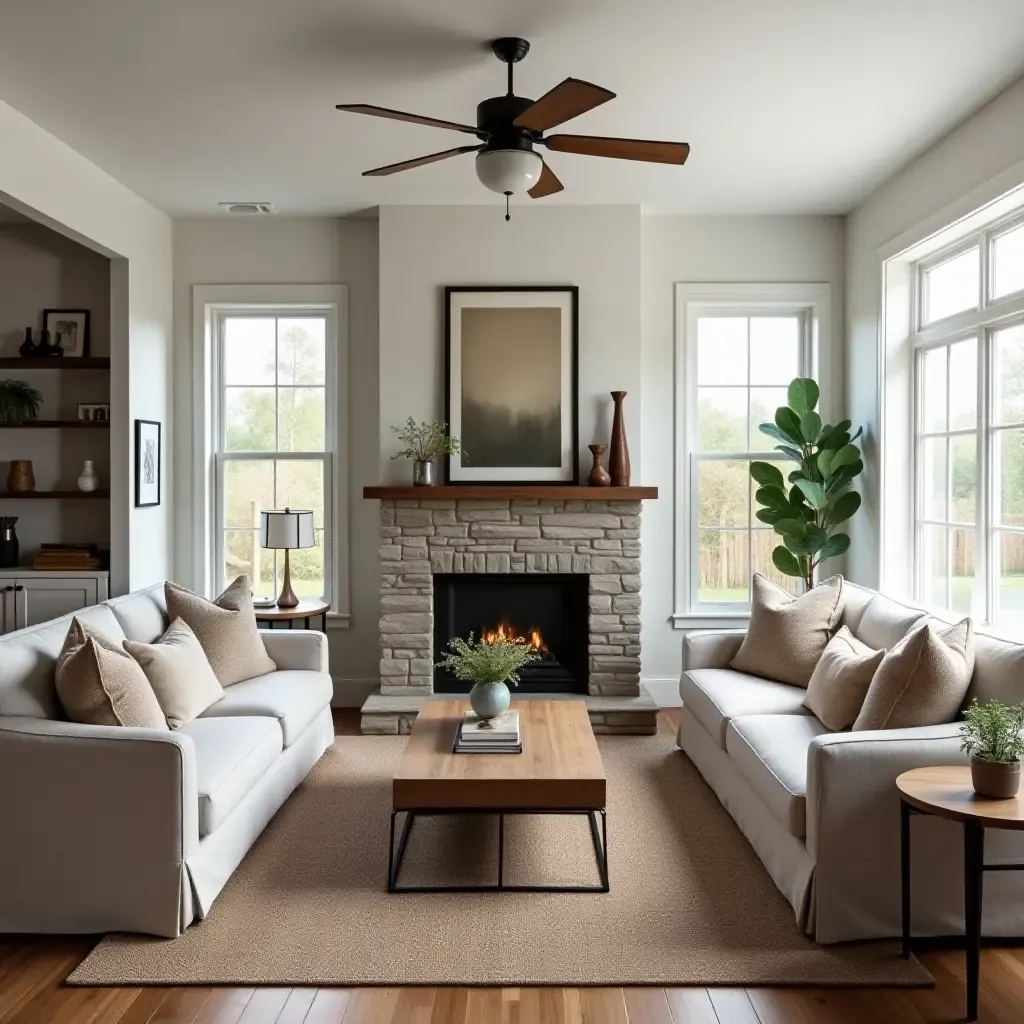 a photo of a cozy farmhouse living room with a mix of wood and metal accents