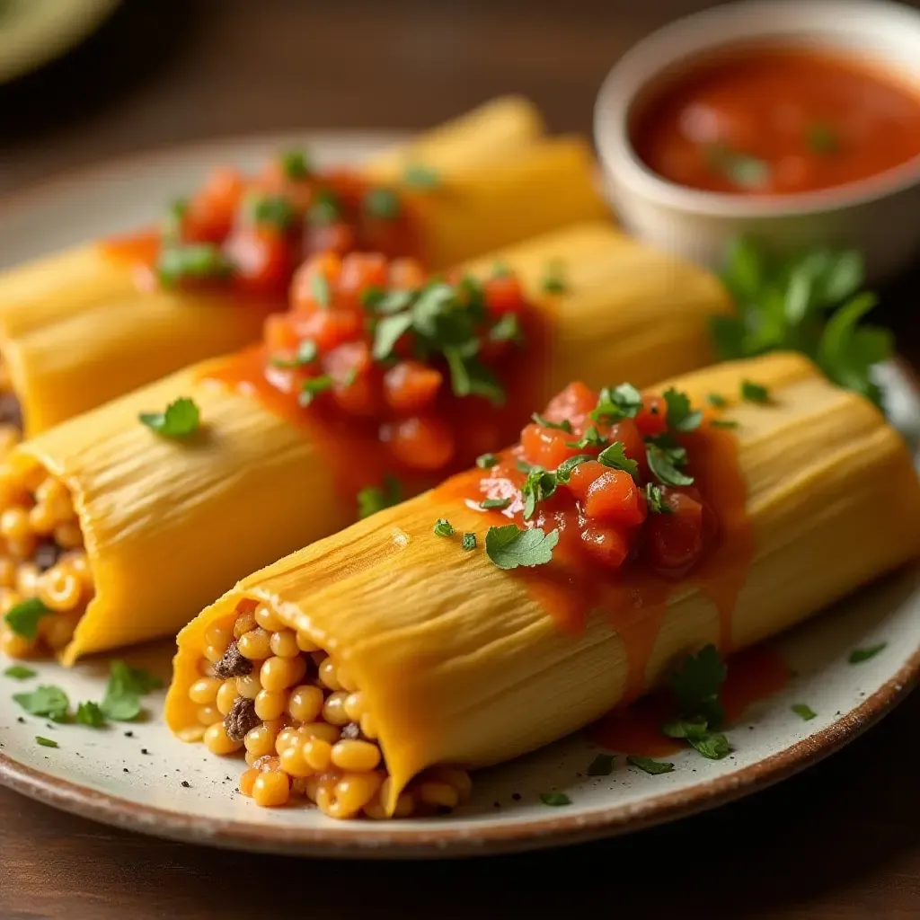 a photo of comforting vegetarian tamales with corn husks and salsa