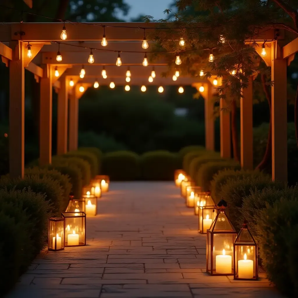 a photo of a patio adorned with lanterns and candles