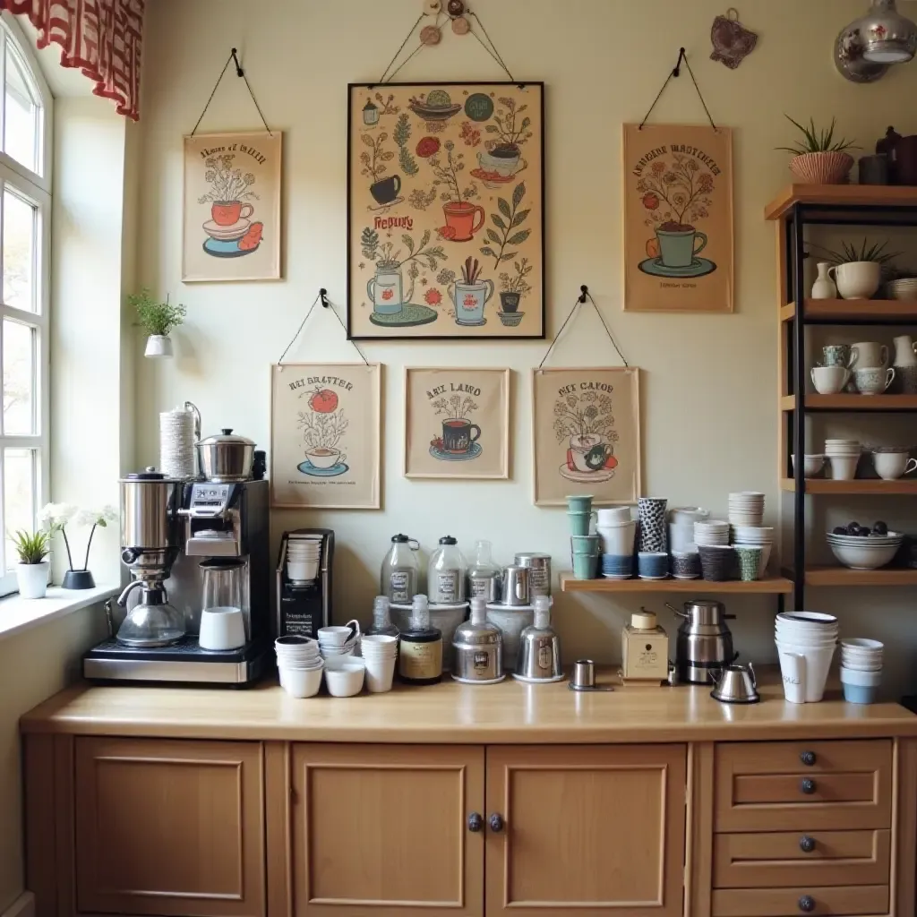 a photo of a whimsical coffee station with quirky coffee-themed art