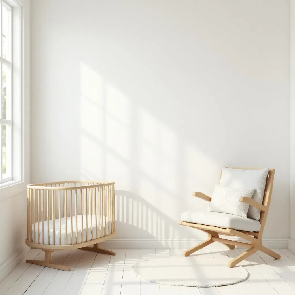 a photo of a bright nursery with soft textures and minimalist design