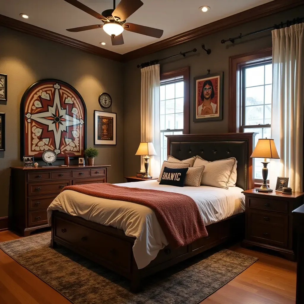 a photo of a sports-themed bedroom featuring various sports memorabilia