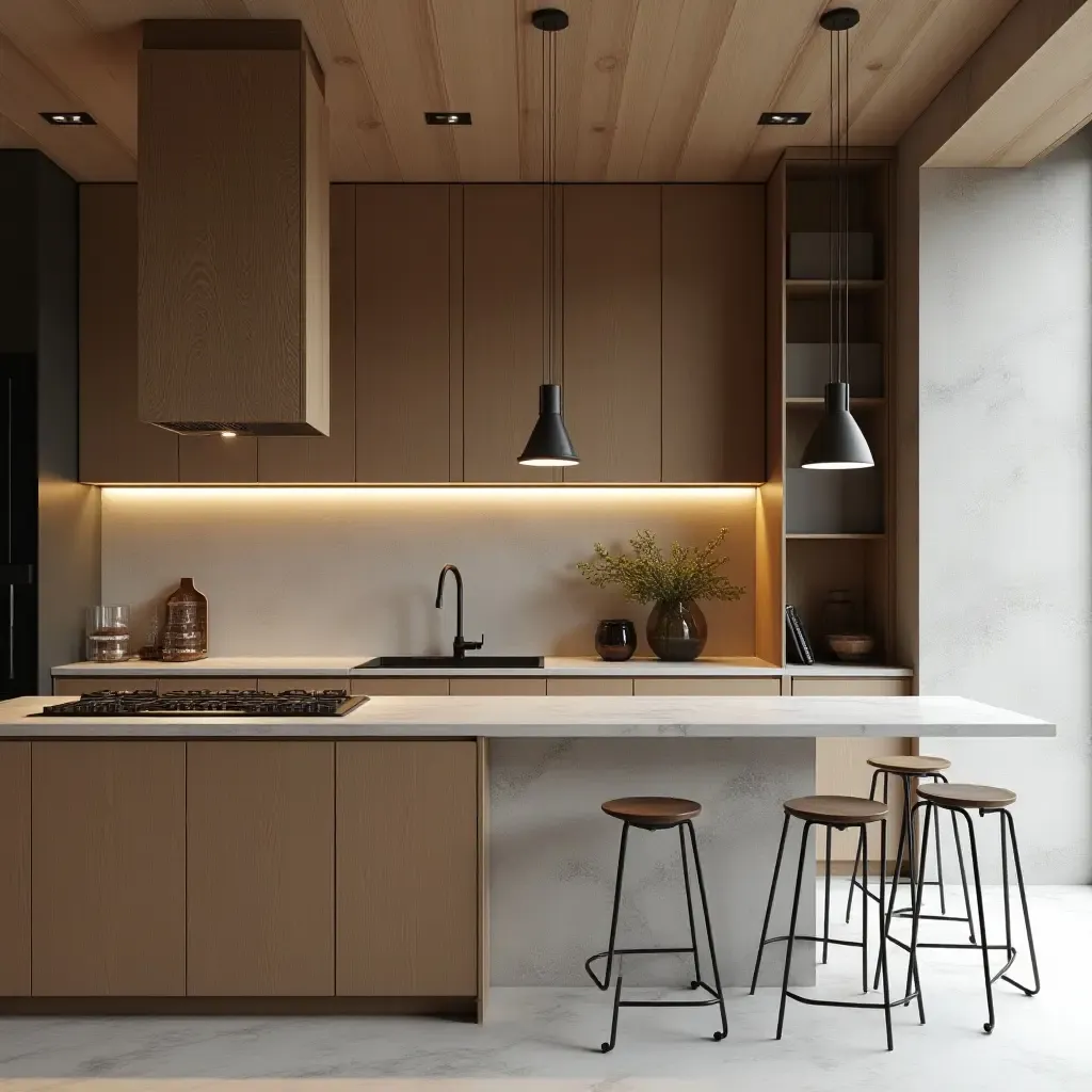 a photo of a modern kitchen combining wood, stone, and metal textures harmoniously