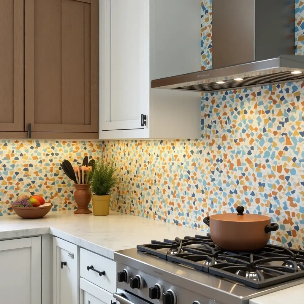 a photo of a kitchen featuring a mosaic backsplash in Mediterranean colors