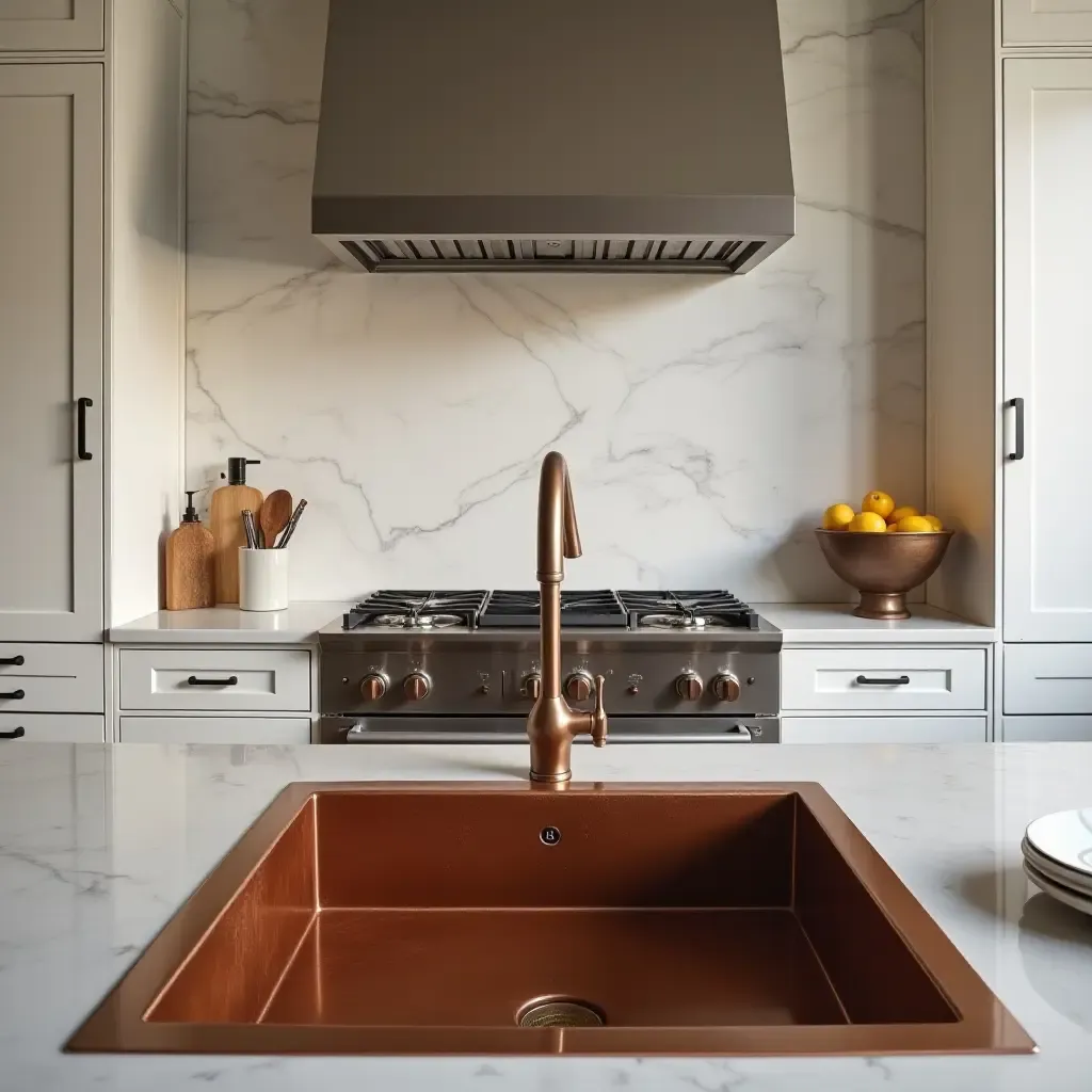 a photo of a stylish kitchen with copper sink fixtures