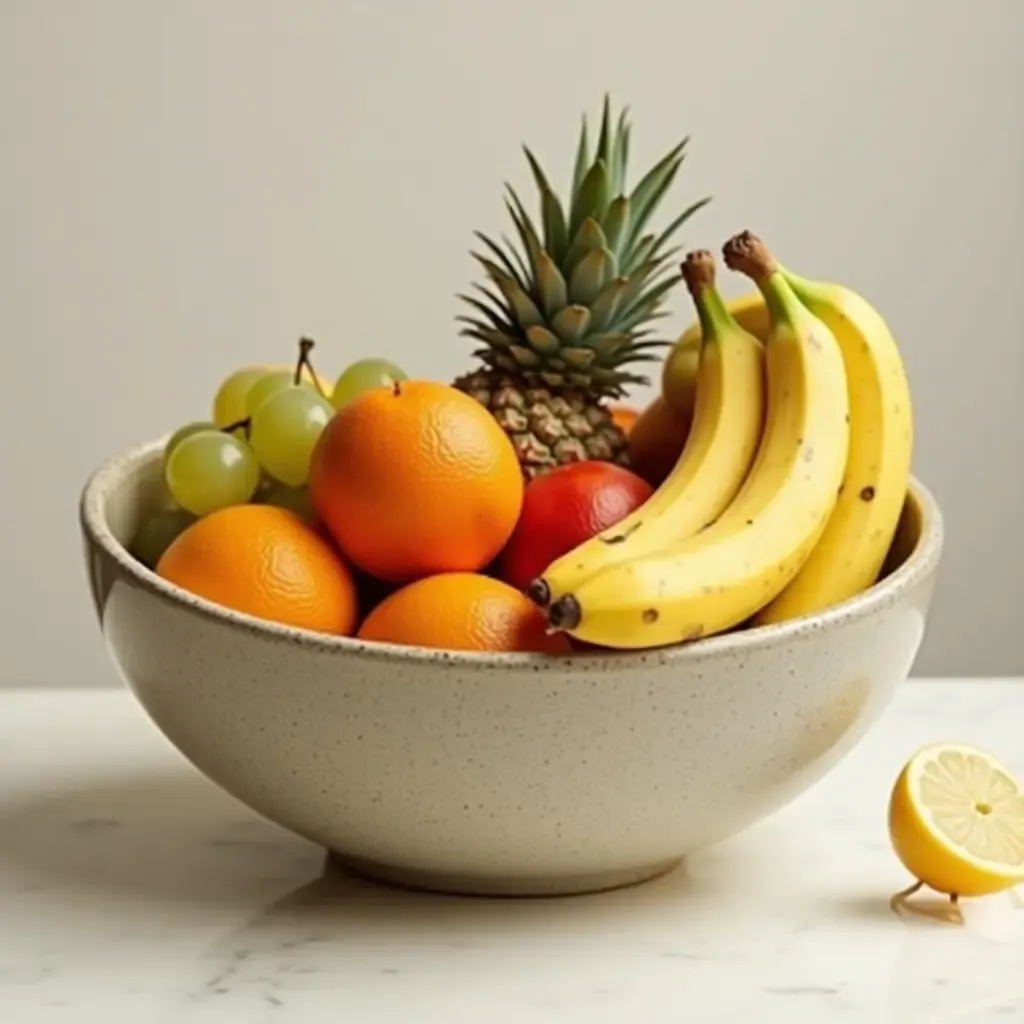 a photo of a vibrant fruit arrangement in a modern ceramic bowl