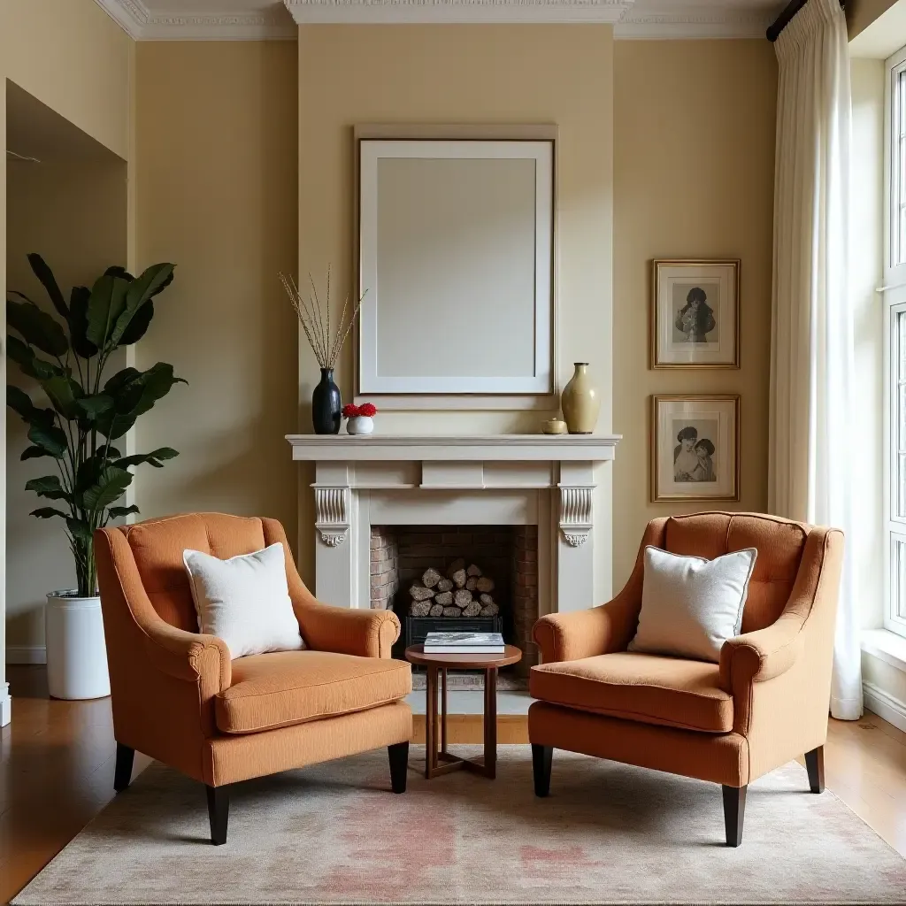 a photo of a living room with colonial-style accent chairs and a warm color palette