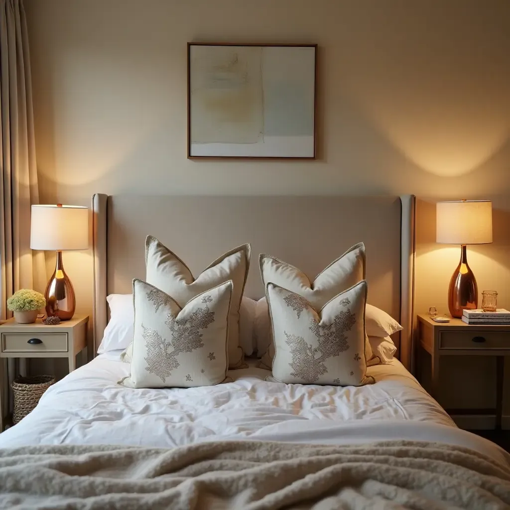 a photo of a cozy bedroom with metallic bronze lamps and decorative pillows