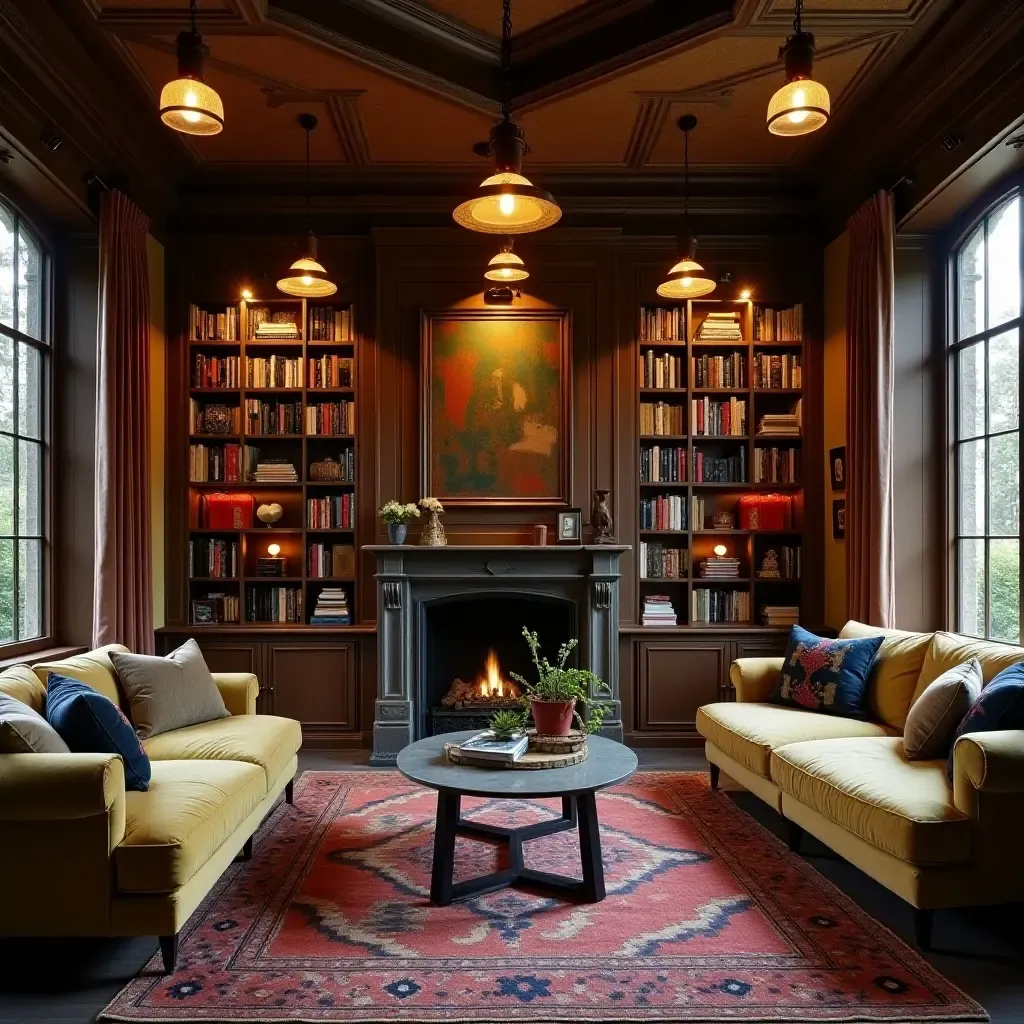 a photo of a bohemian-style library adorned with unique pendant lights