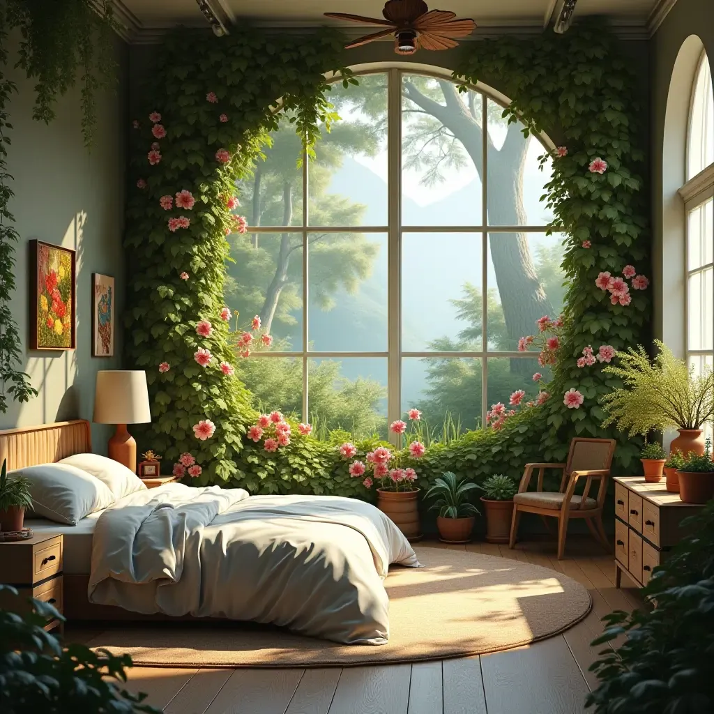 a photo of a whimsical garden scene in a bedroom