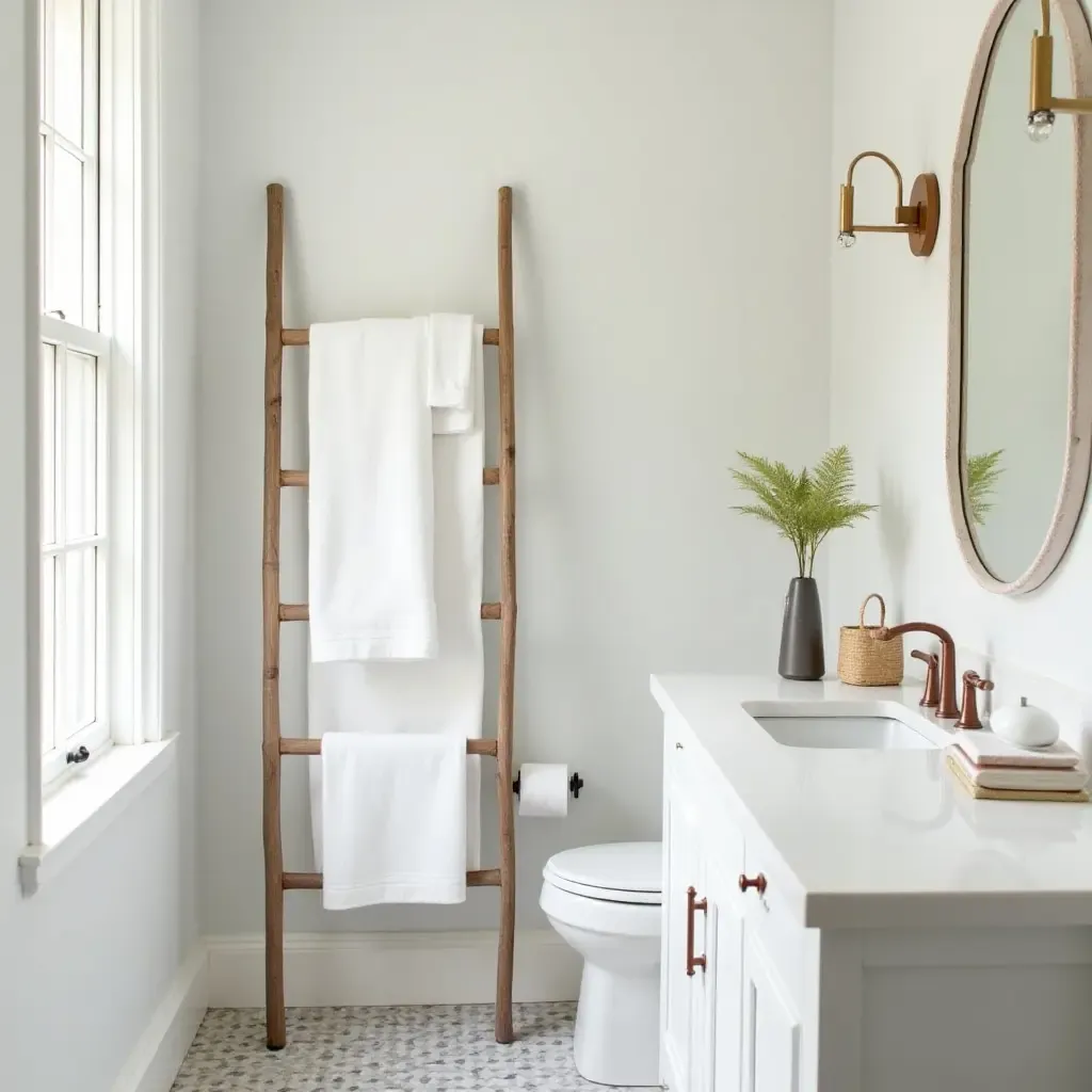 a photo of a bathroom featuring a decorative ladder for towels