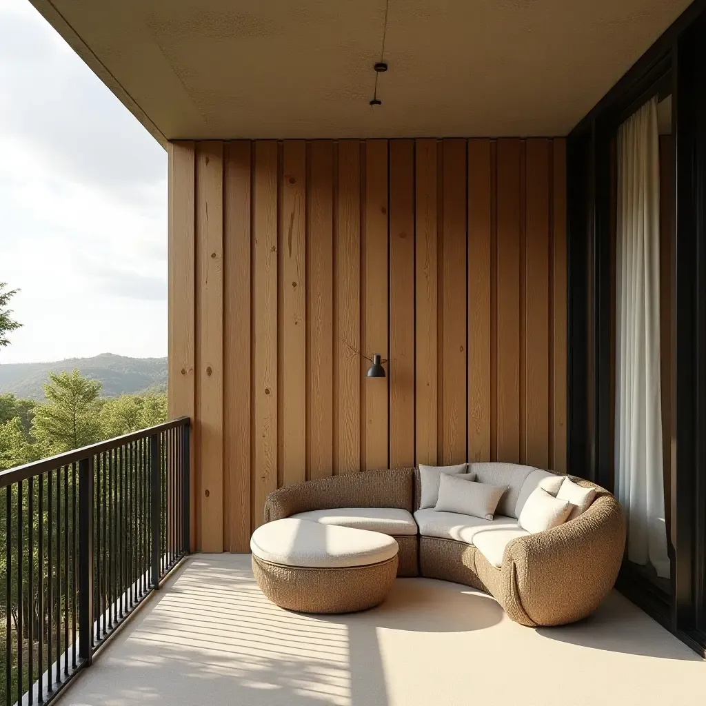 a photo of a balcony with a wooden screen for shade