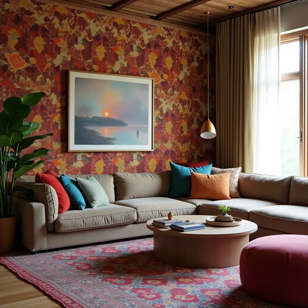 a photo of a bohemian living room showcasing a colorful patterned accent wall