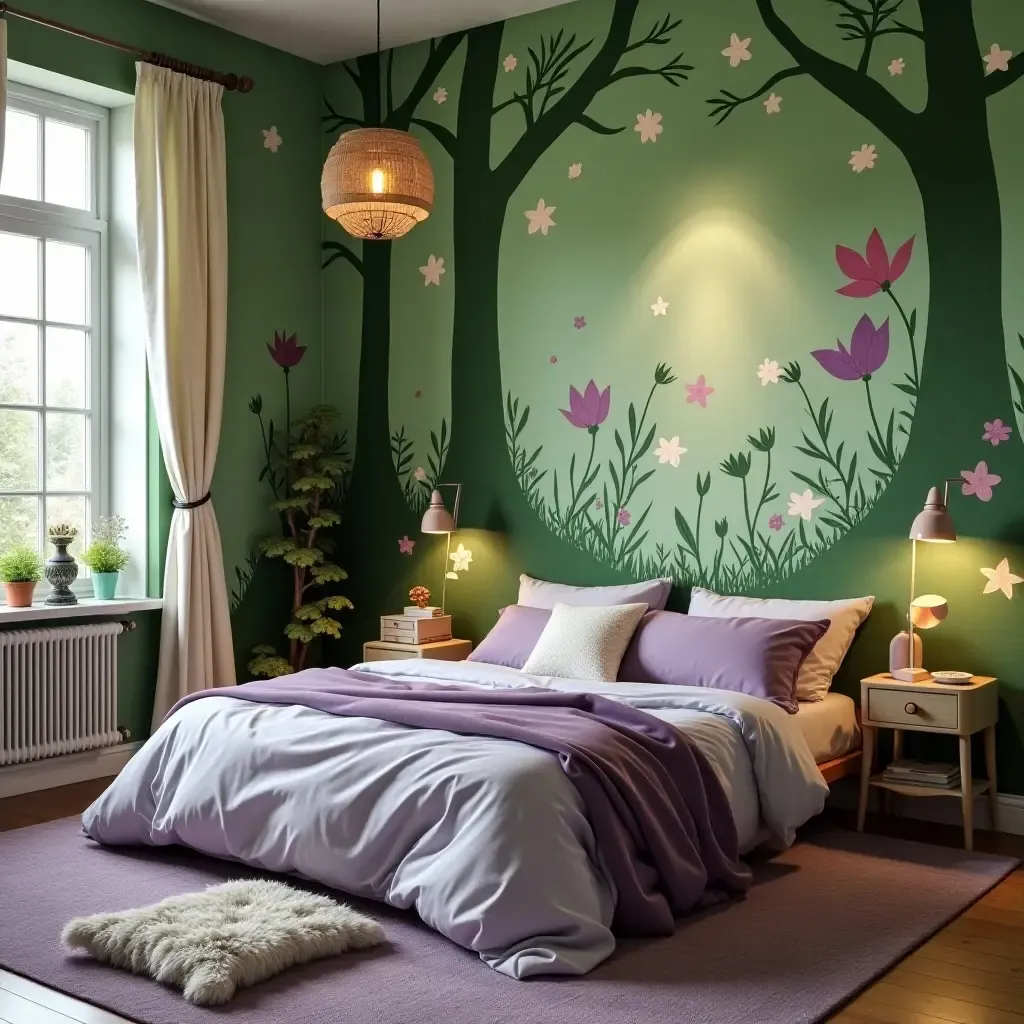 a photo of a whimsical green and purple fairy-themed bedroom