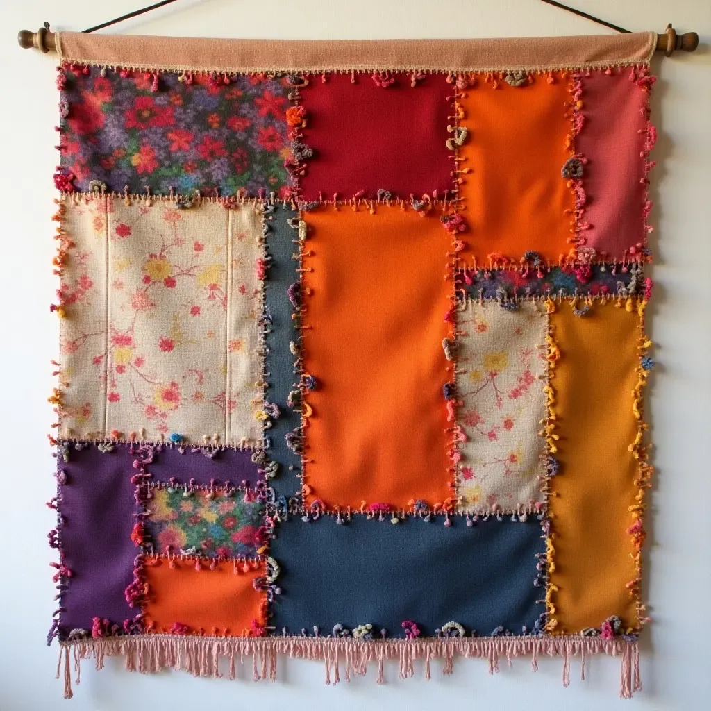 a photo of a vibrant fabric wall hanging adding texture