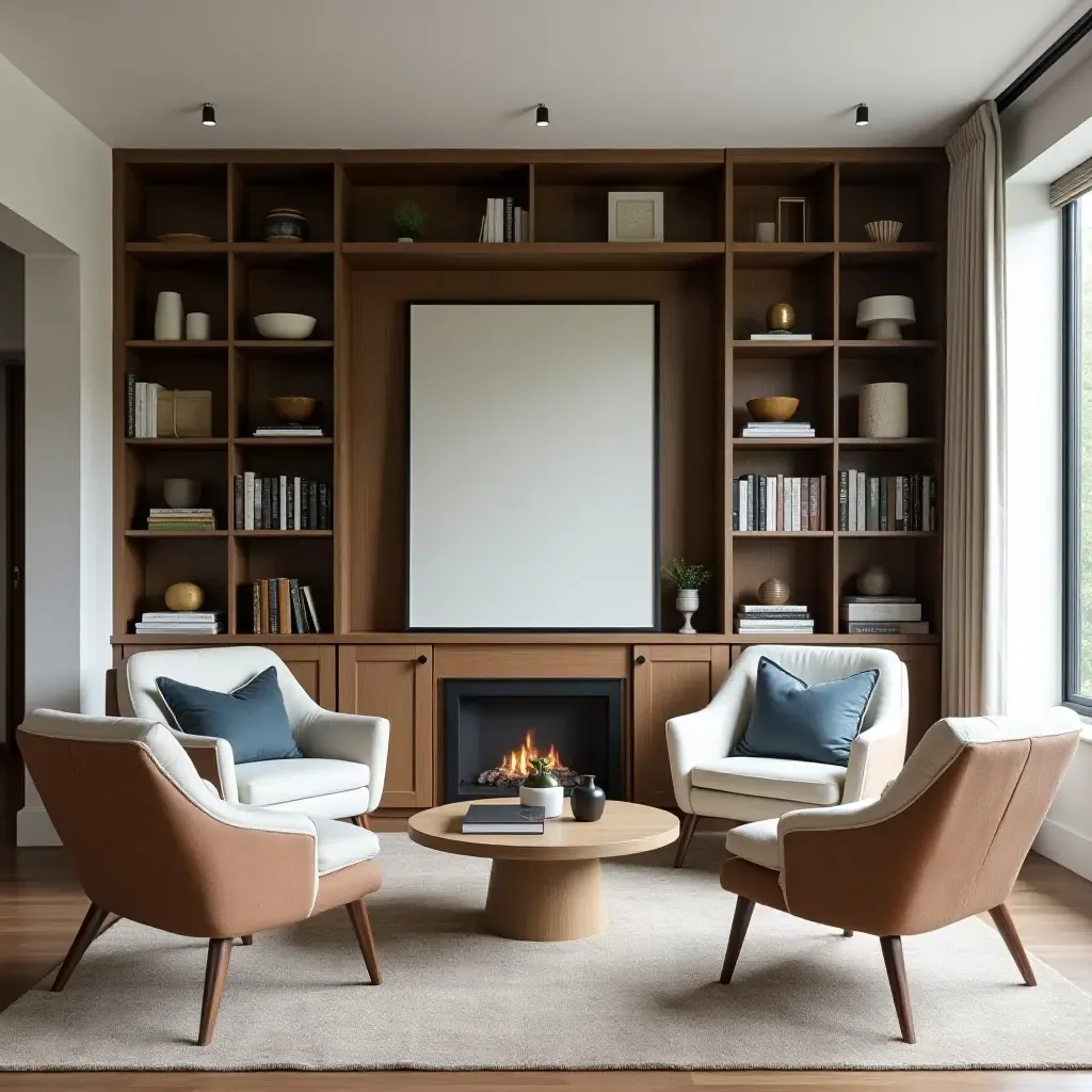 a photo of a home library with a mix of modern and farmhouse furniture