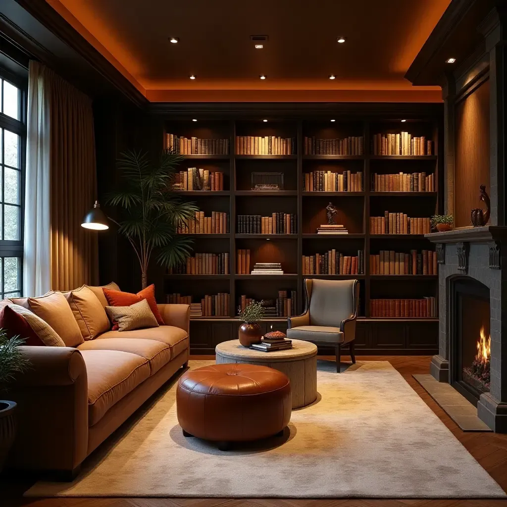 a photo of a basement library with wall-to-wall bookshelves and cozy seating