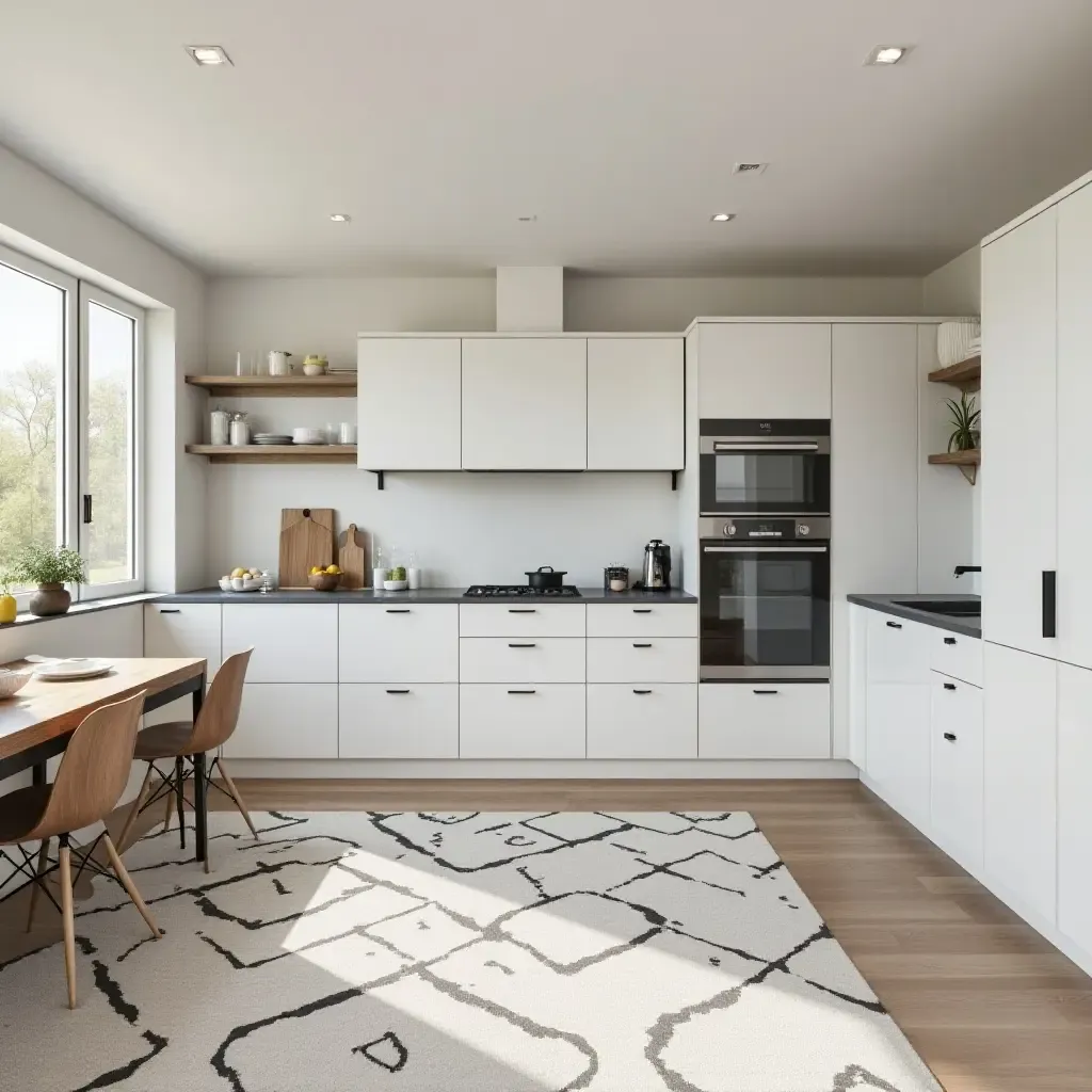 a photo of a modern kitchen with a geometric patterned rug