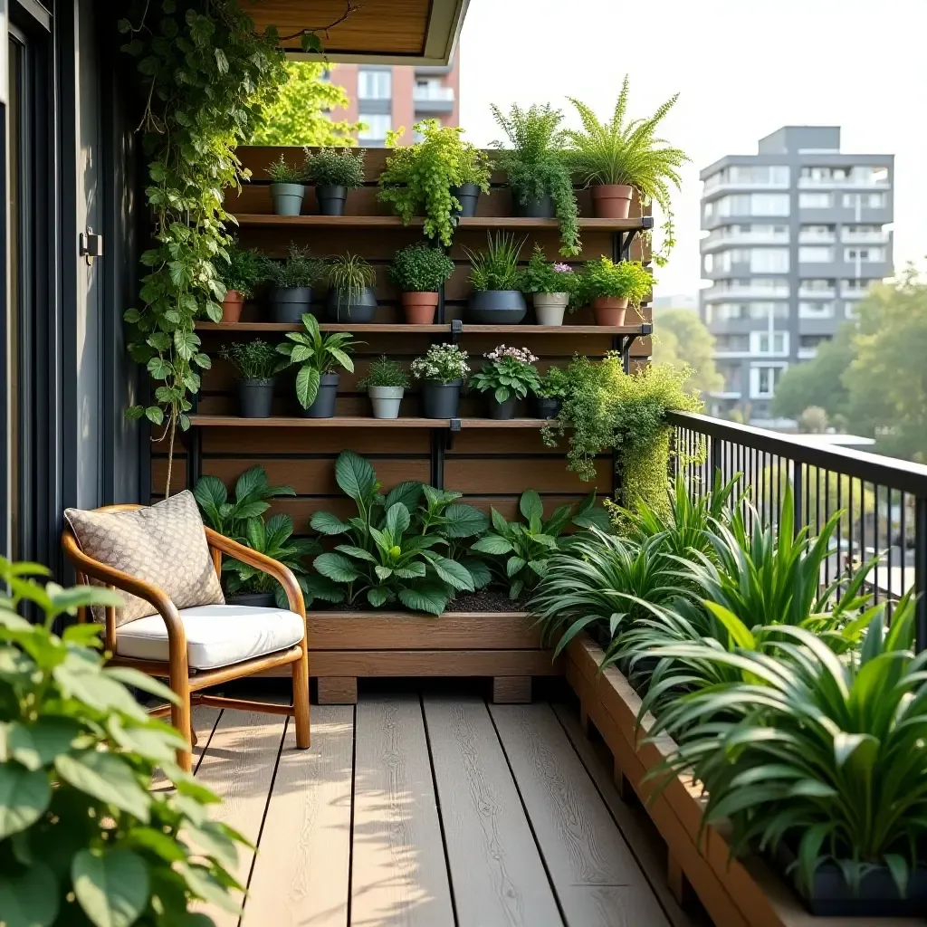 a photo of a balcony garden with tiered plant shelves and seating area