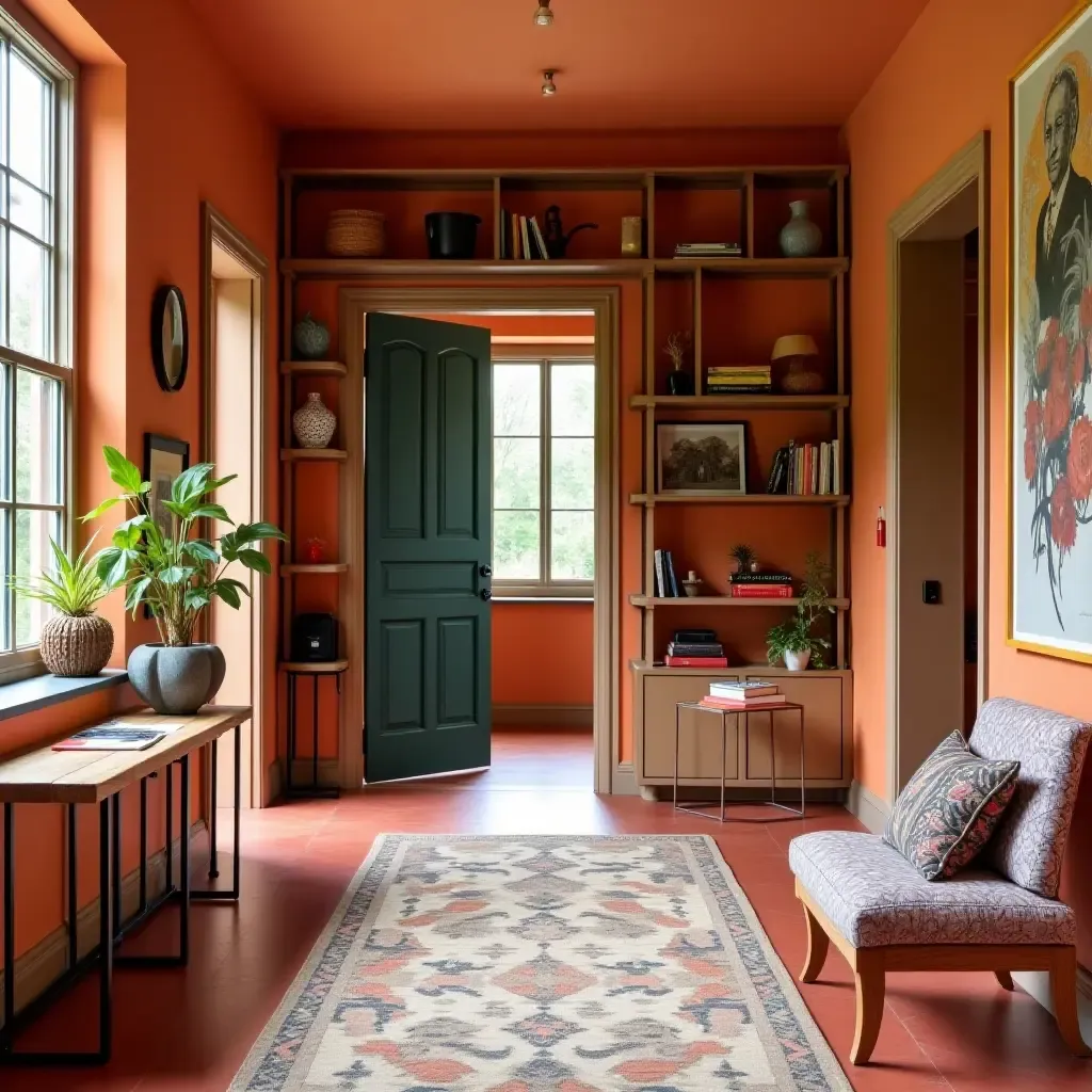 a photo of a vibrant entrance hall with eclectic shelving and bold colors