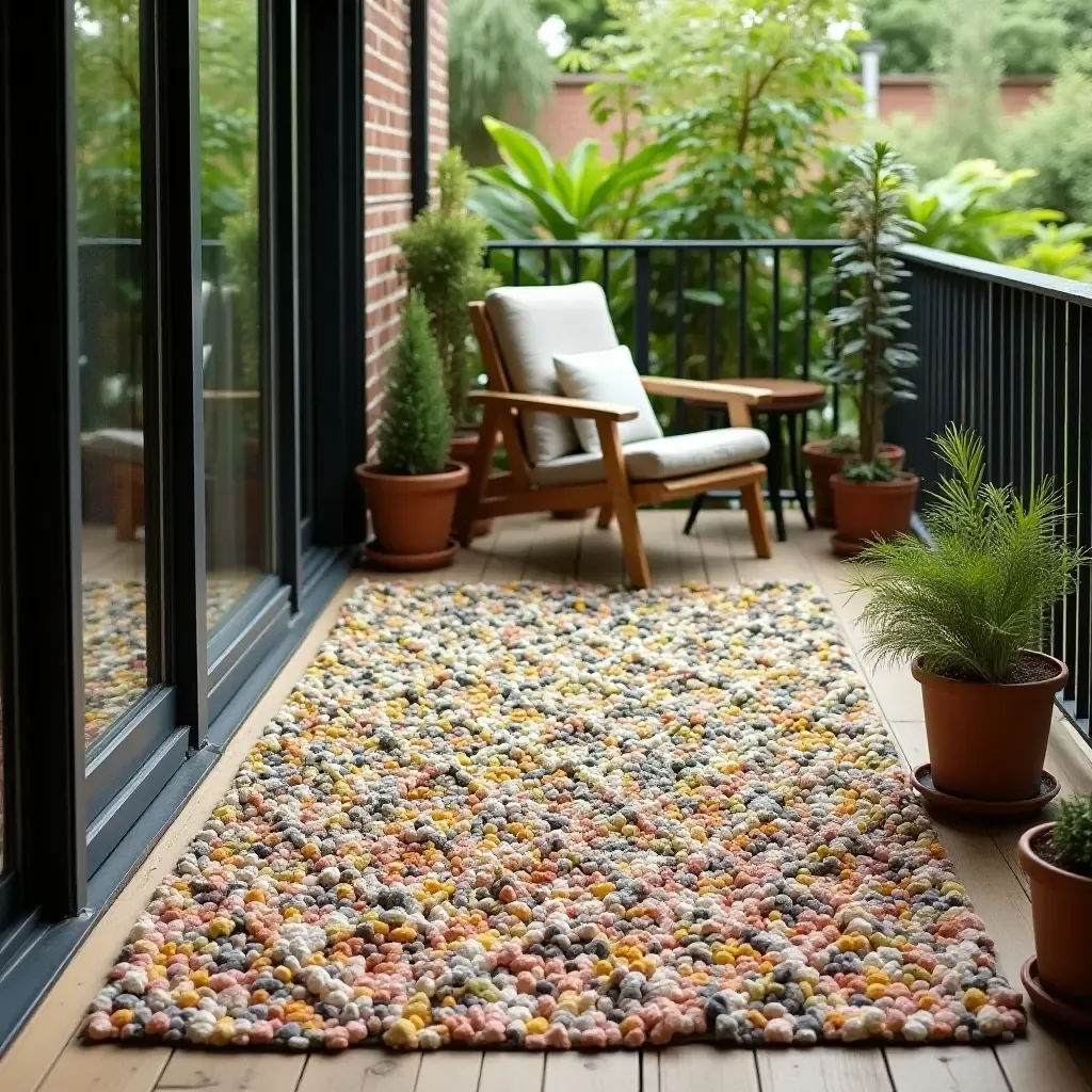 a photo of a textured rug made from recycled materials on an eco-friendly balcony