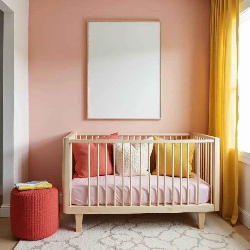 a photo of a nursery with a vibrant color palette and throw pillows