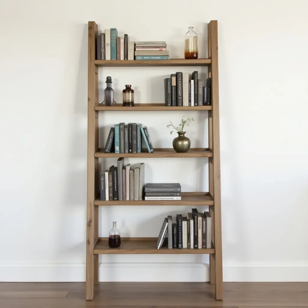 a photo of a rustic ladder shelf for books and decor