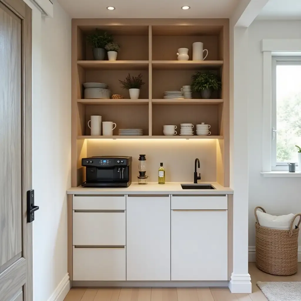 a photo of a compact coffee station in a small kitchen corner with clever storage