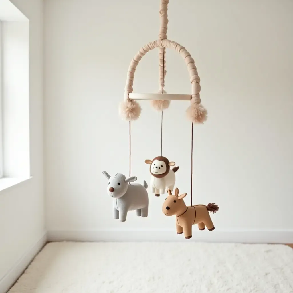 a photo of a nursery featuring a stylish mobile for toys