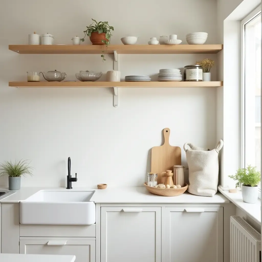 a photo of a bright kitchen with open shelving and Scandinavian design elements