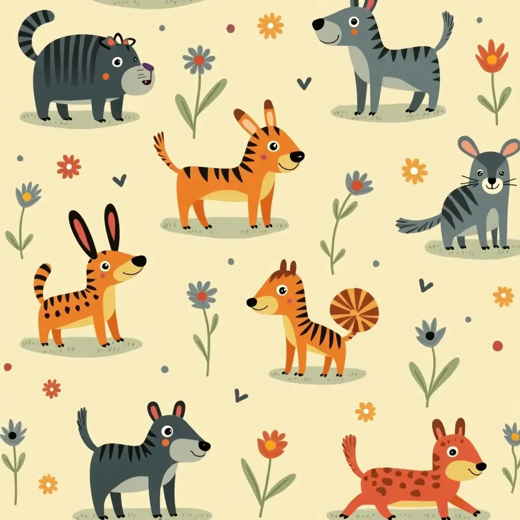 a photo of a retro wallpaper featuring playful animals