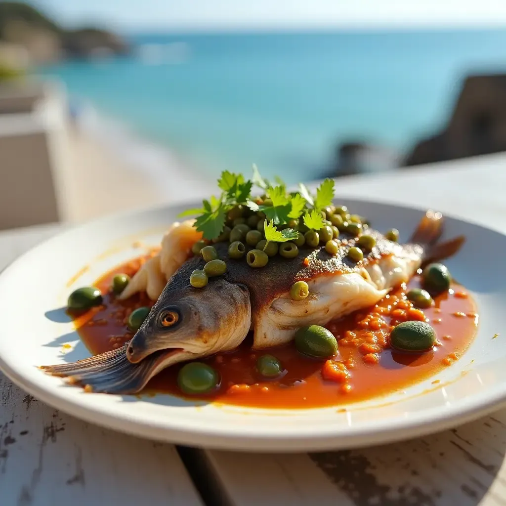 a photo of fish Veracruz-style with olives and capers, plated near the ocean.