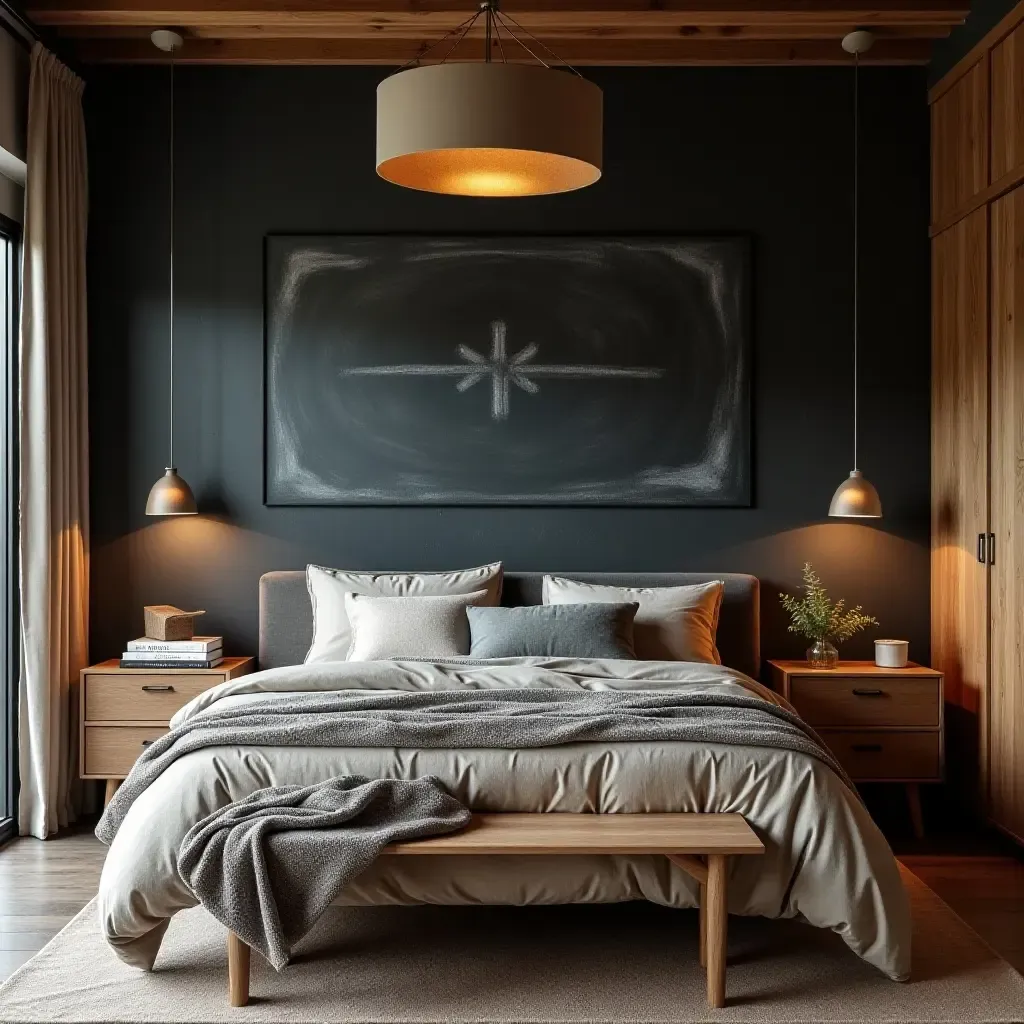 a photo of a chalkboard wall in a rugged-themed bedroom