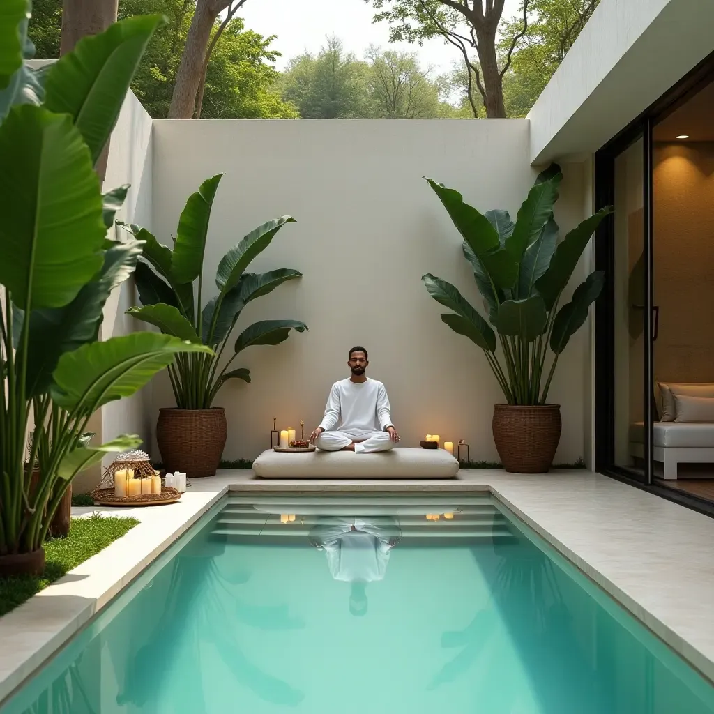 a photo of a tranquil meditation space with plants by the pool