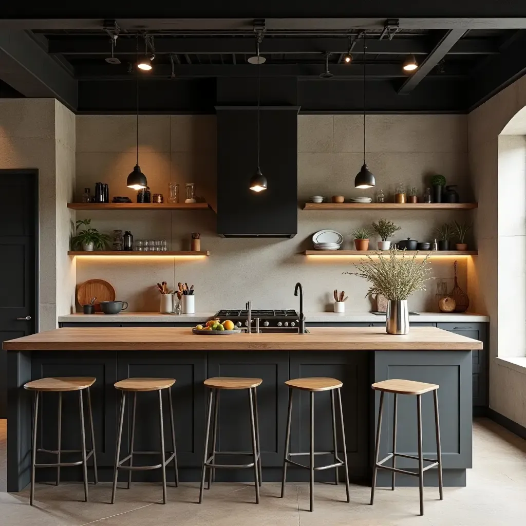 a photo of an industrial kitchen design with exposed metal, wooden shelves, and stone backsplash