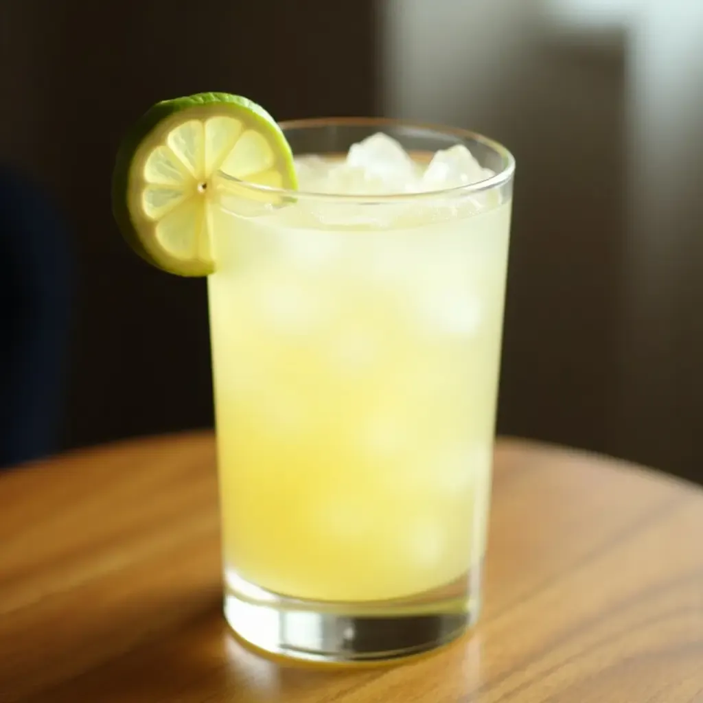 a photo of a frosty glass of granizado de limón with a slice of lemon on the rim.