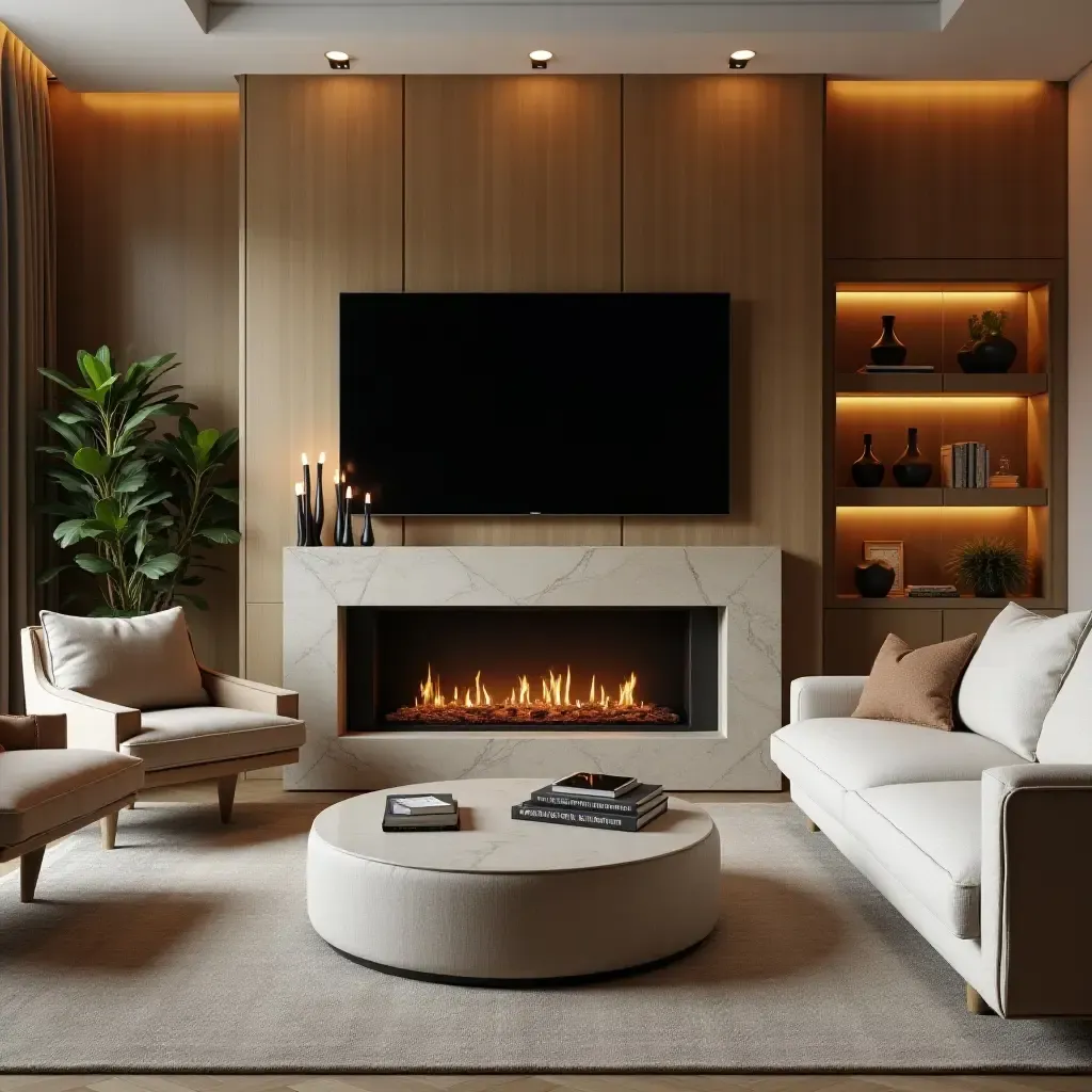 a photo of a cozy TV room with a fireplace feature