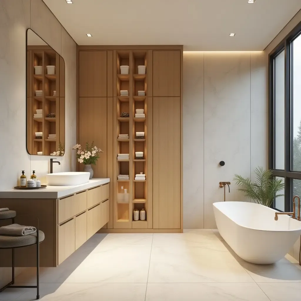 a photo of a spa-like bathroom with bamboo storage units