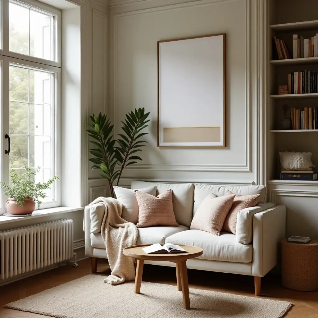 a photo of a reading nook featuring a cozy sofa and decorative pillows