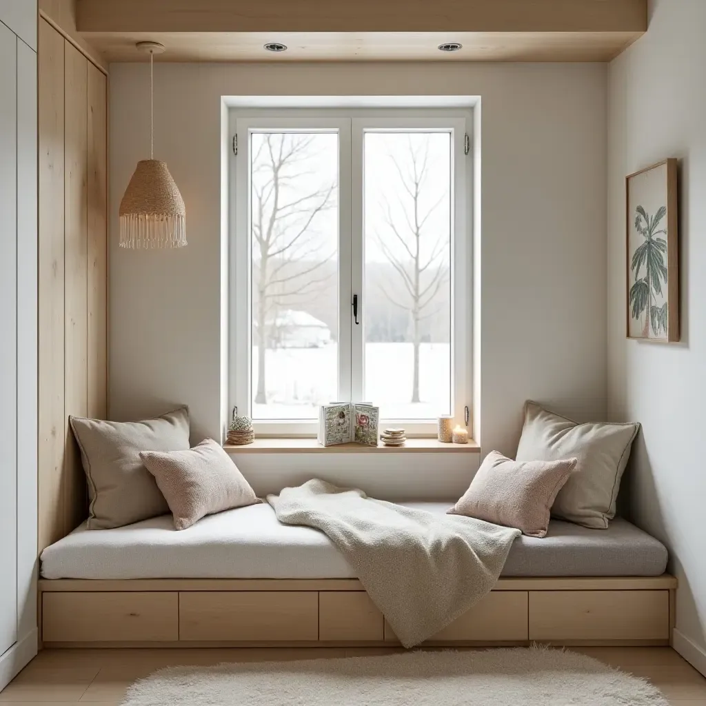 a photo of a Scandinavian-style reading nook with light woods and cozy textiles