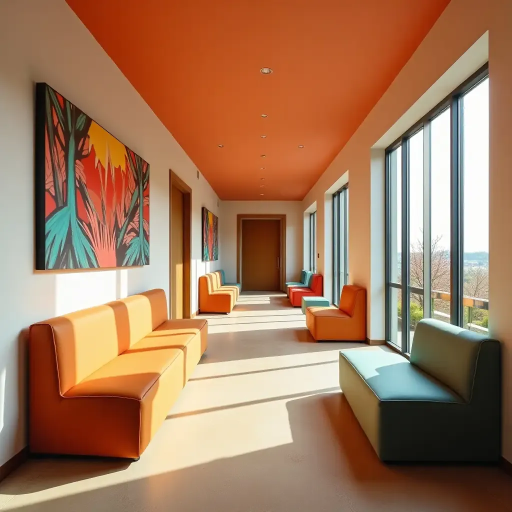 a photo of a colorful seating area in a corridor with artwork