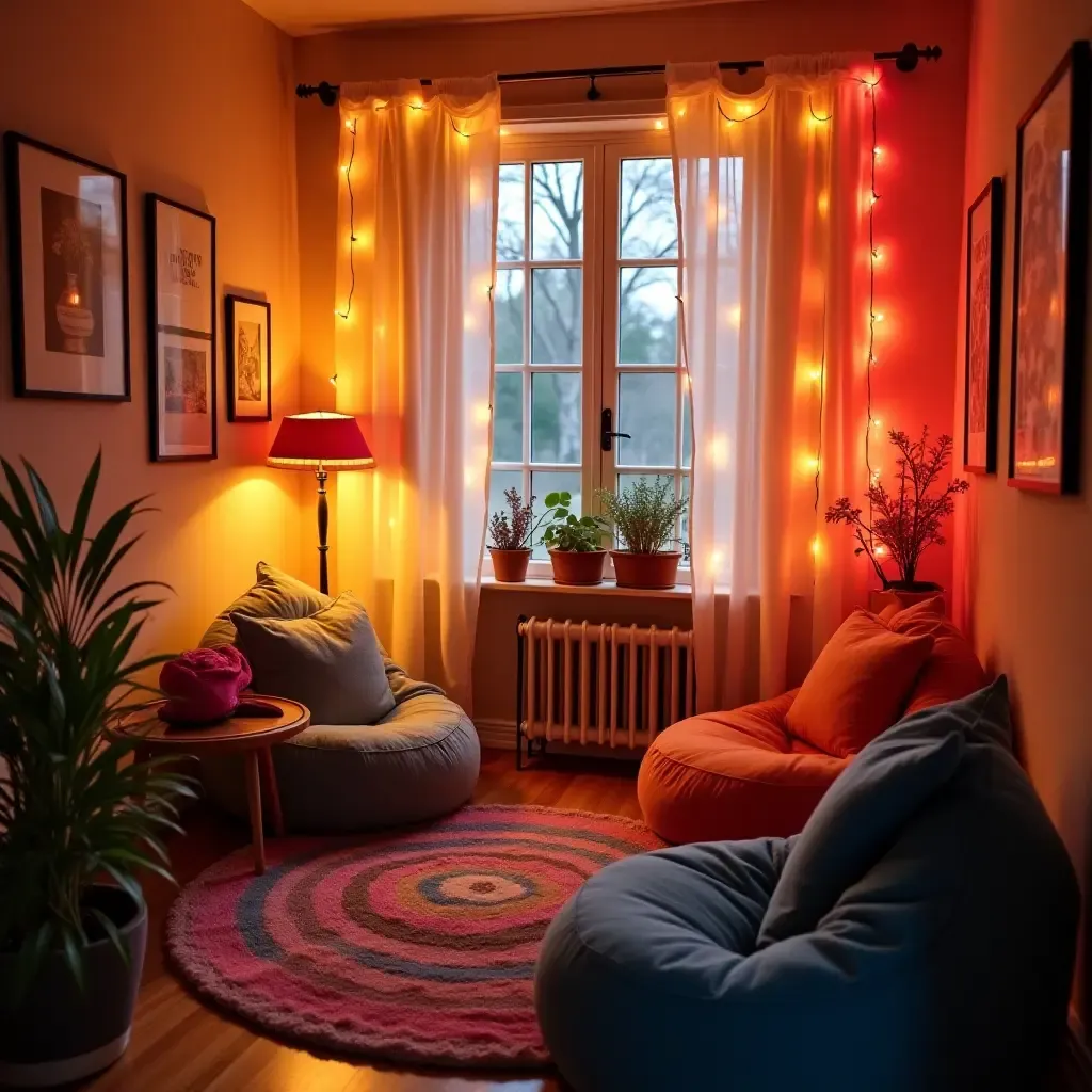 a photo of a colorful reading nook with bean bags and fairy lights