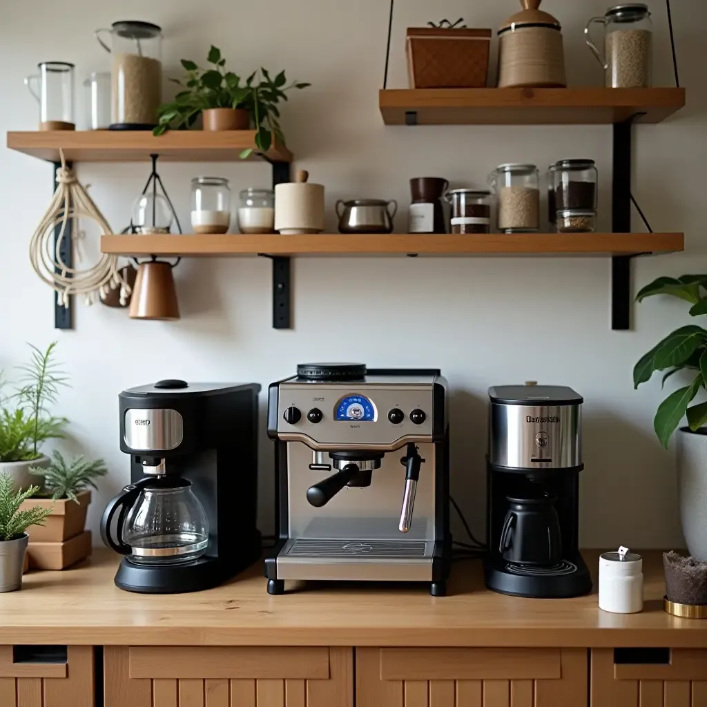 a photo of a coffee station featuring a variety of coffee makers and accessories