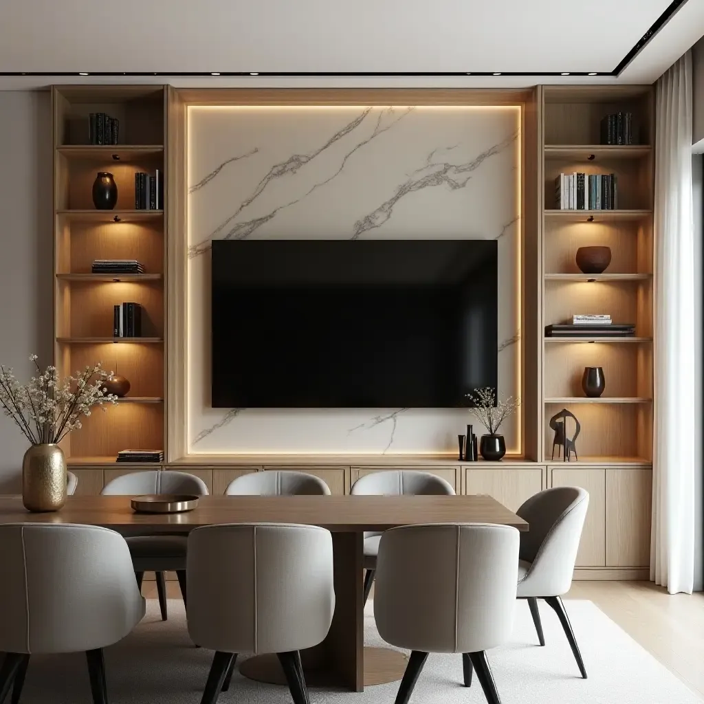 a photo of an elegant dining room with a TV framed by decorative shelving